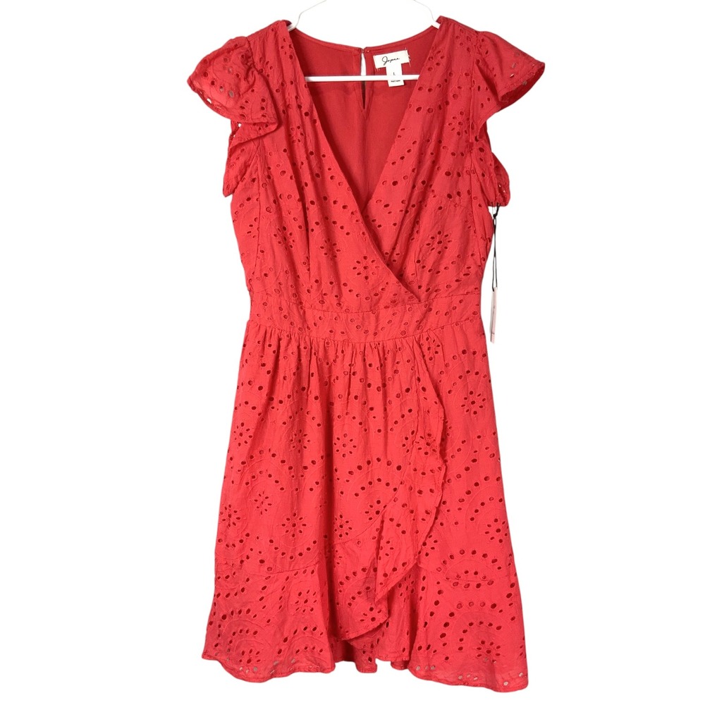 Japna Red Eyelet Mini Dress L Pullover V-Neck Flutter Sleeve Ruffle Detail NEW